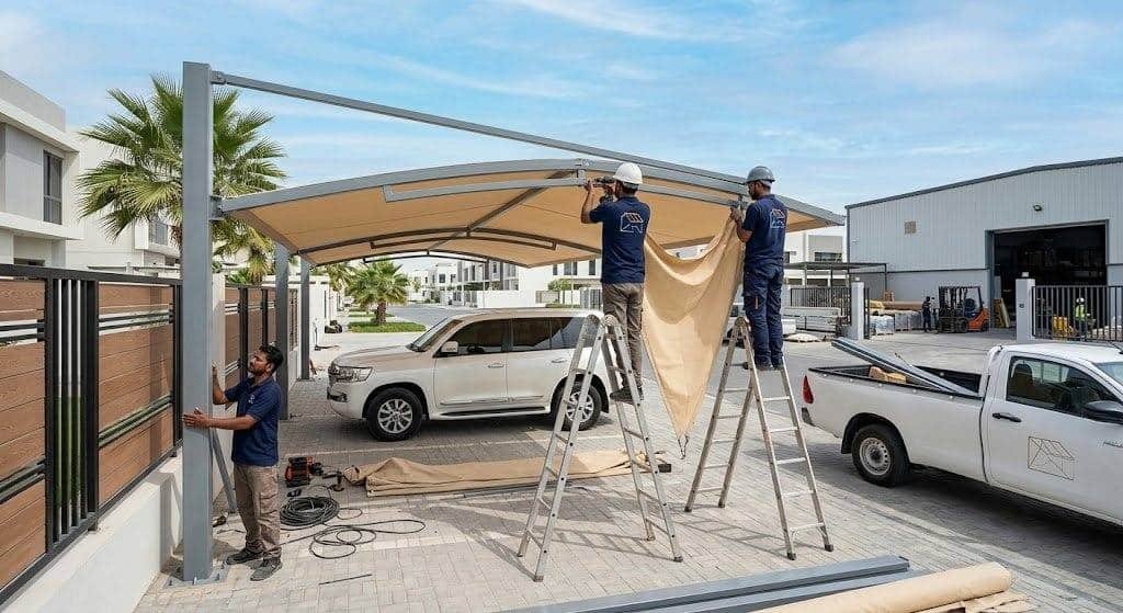 فريق عمل محترف يقوم بتركيب مظلات وسواتر بجودة عالية ومتانة ضمن خدمات مظلات وسواتر حي الضباب بالدمام لحماية المنازل والسيارات وتوفير الخصوصية.