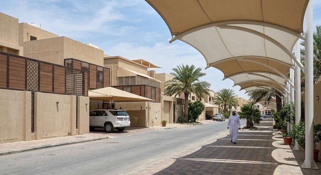 فريق عمل محترف يقوم بتركيب مظلات وسواتر بجودة عالية ومتانة ضمن خدمات مظلات وسواتر حي الشاطئ بالدمام لحماية المنازل والسيارات وتوفير الخصوصية.
