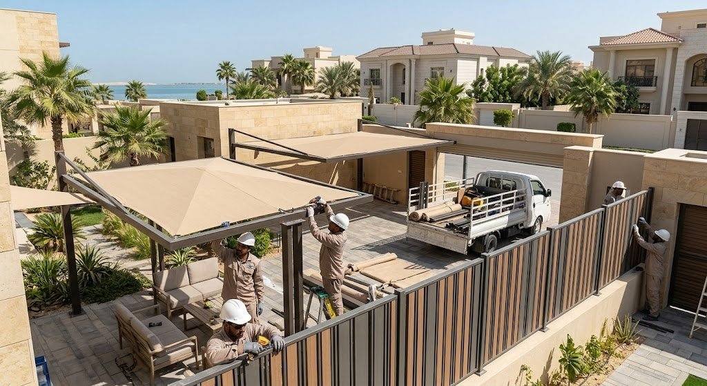فريق عمل محترف يقوم بتركيب مظلات وسواتر بجودة عالية ومتانة ضمن خدمات مظلات وسواتر حي النورس بالدمام لحماية المنازل والسيارات وتوفير الخصوصية.