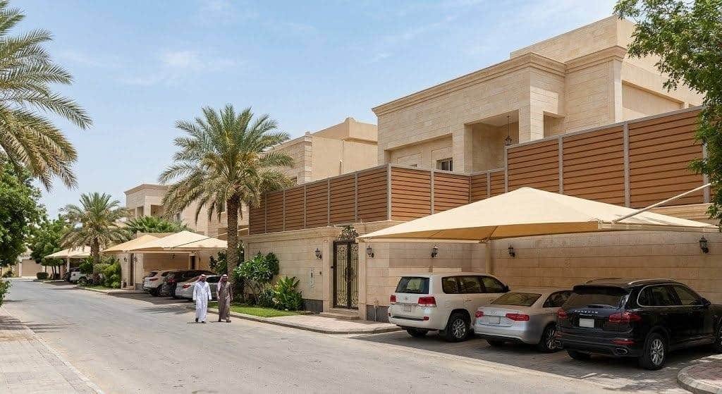 فريق عمل محترف يقوم بتركيب مظلات وسواتر بجودة عالية ومتانة ضمن خدمات مظلات وسواتر حي الفنار بالدمام لحماية المنازل والسيارات وتوفير الخصوصية.