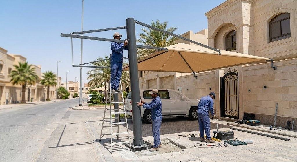 فريق عمل محترف يقوم بتركيب مظلات وسواتر بجودة عالية ومتانة ضمن خدمات مظلات وسواتر النور بالدمام لحماية المنازل والسيارات وتوفير الخصوصية.