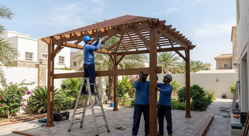 فريق عمل محترف يقوم بتركيب مظلات خشبية بجودة عالية وتصميم أنيق ضمن خدمات تركيب مظلات خشبية بالدمام لتوفير مساحات جلوس راقية ومظللة.