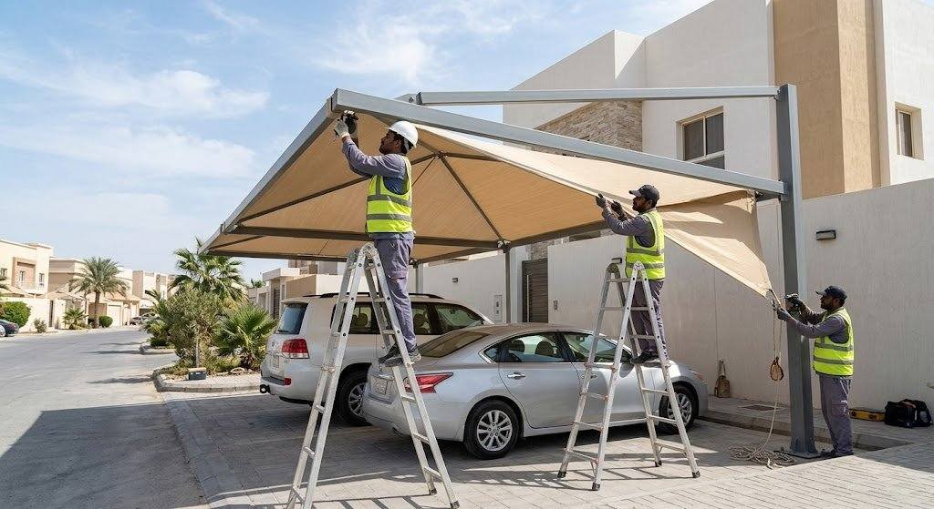 فريق عمل محترف يقوم بتركيب مظلات سيارات بجودة عالية ومتانة ضمن خدمات تركيب مظلات سيارات بالدمام لحماية المركبات من أشعة الشمس والعوامل الجوية.