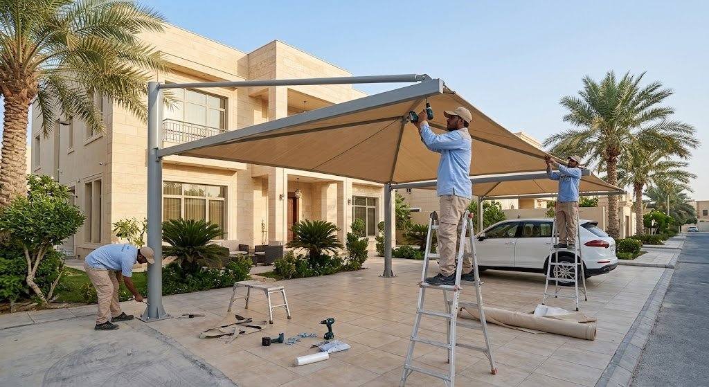 فريق عمل محترف يقوم بتركيب مظلات وسواتر بجودة عالية ومتانة ضمن خدمات مظلات وسواتر النسيم بالدمام لحماية المنازل والسيارات وتوفير الخصوصية.