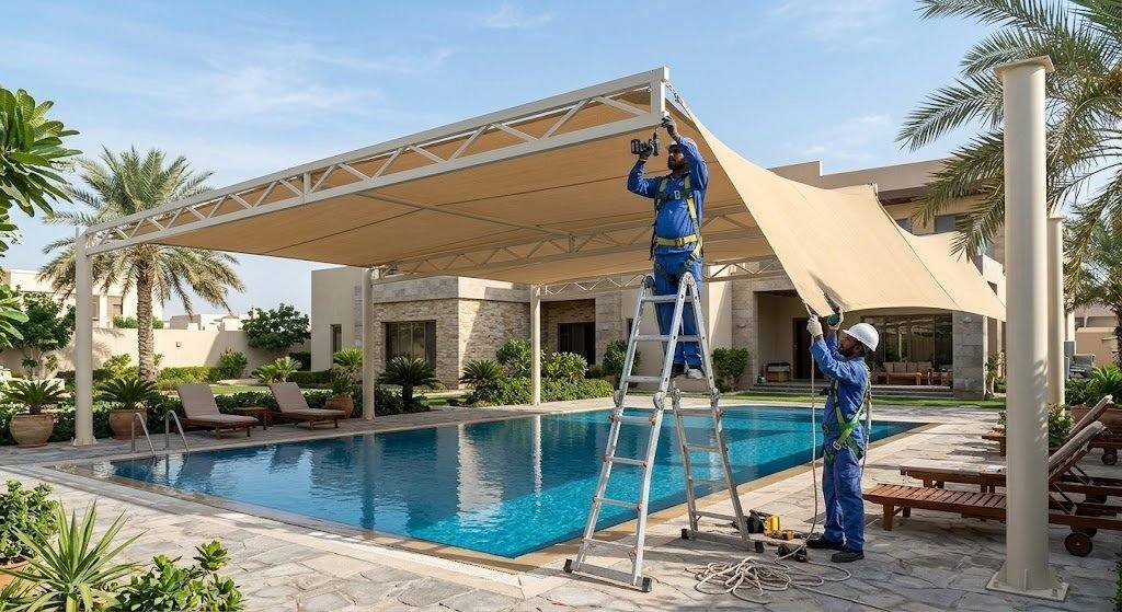 فريق عمل محترف يقوم بتركيب مظلات وسواتر بجودة عالية ومتانة ضمن خدمات مظلات وسواتر حي أحد بالدمام لحماية المنازل والسيارات وتوفير الخصوصية.
