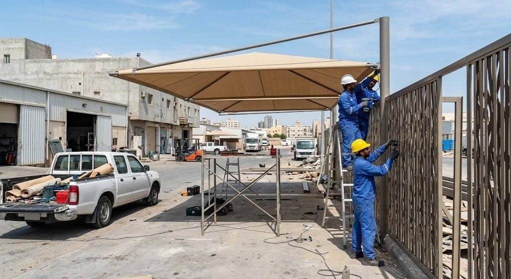 فريق عمل محترف يقوم بتركيب مظلات وسواتر بجودة عالية ومتانة ضمن خدمات مظلات وسواتر حي الصدفة بالدمام لحماية المنازل والسيارات وتوفير الخصوصية.