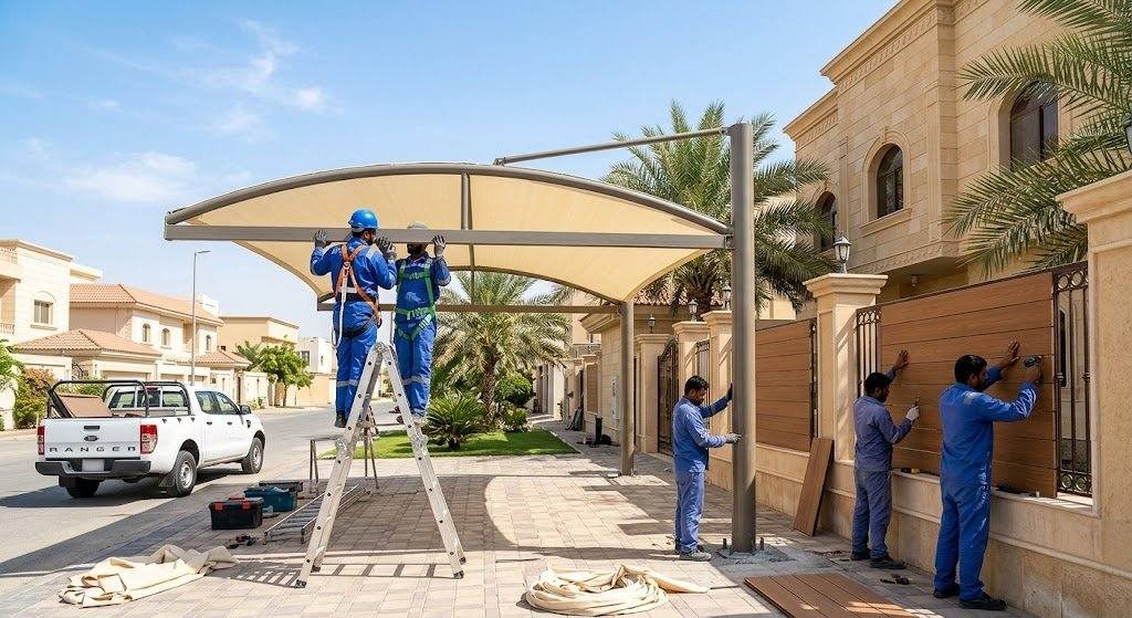 فريق عمل محترف يقوم بتركيب مظلات وسواتر بجودة عالية ومتانة ضمن خدمات تركيب مظلات وسواتر حي النخيل بالدمام لحماية المنازل والسيارات.