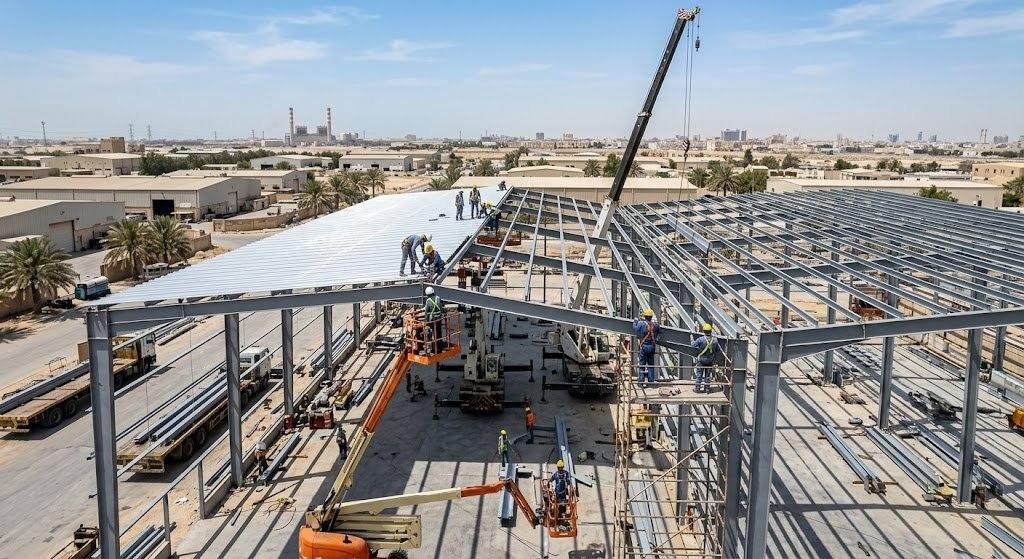فريق عمل محترف يقوم بتركيب وتشييد هناجر ومستودعات بجودة عالية ومتانة ضمن خدمات تركيب هناجر بالدمام لتوفير مساحات تخزين آمنة وواسعة.