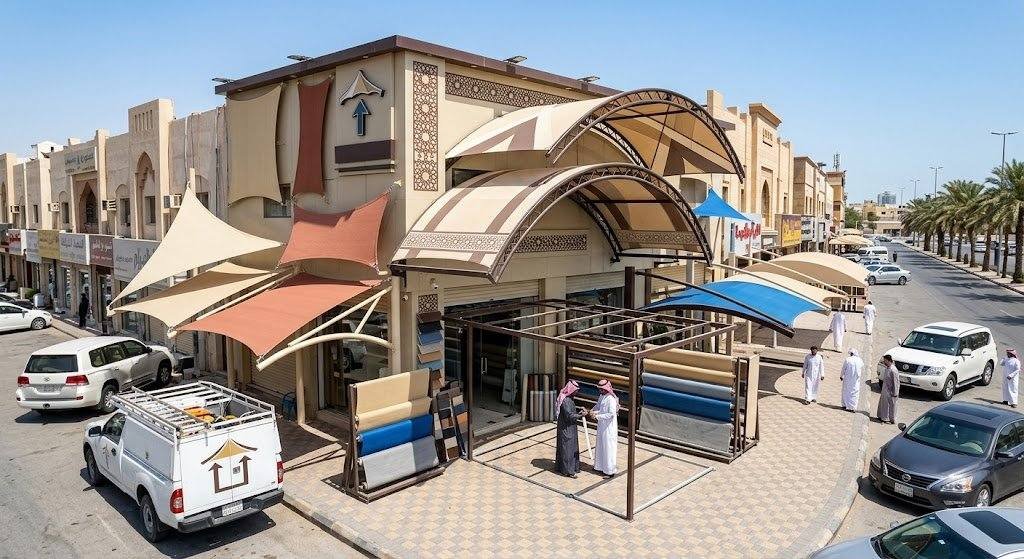 فريق عمل محترف من محل مظلات بالدمام يقوم بتفصيل وتركيب مظلات وسواتر بجودة عالية لتوفير الحماية والتظليل المثالي للمنازل والسيارات.