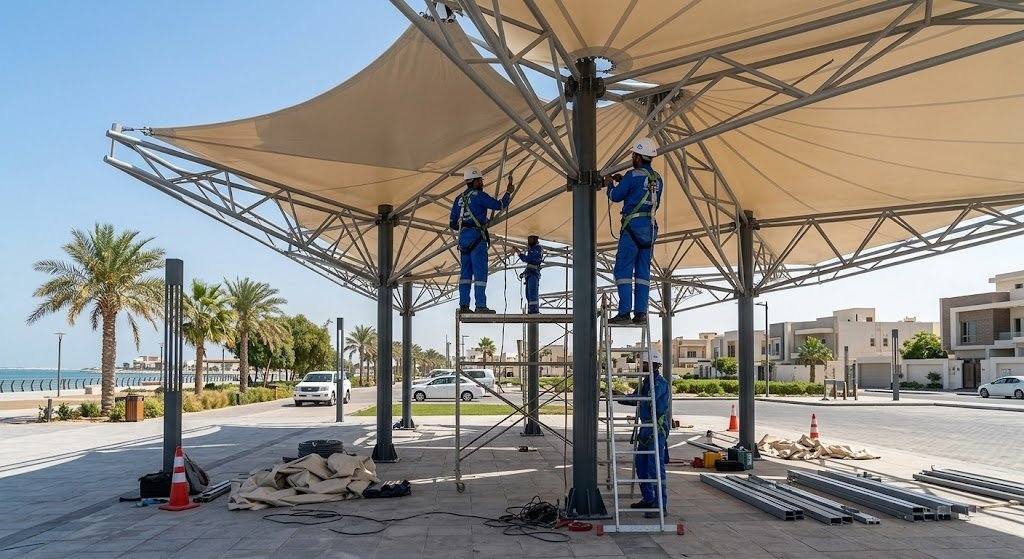 فريق عمل محترف يقوم بتركيب مظلات وسواتر بجودة عالية ومتانة ضمن خدمات مظلات وسواتر حي بن خلدون بالدمام لحماية المنازل والسيارات وتوفير الخصوصية.