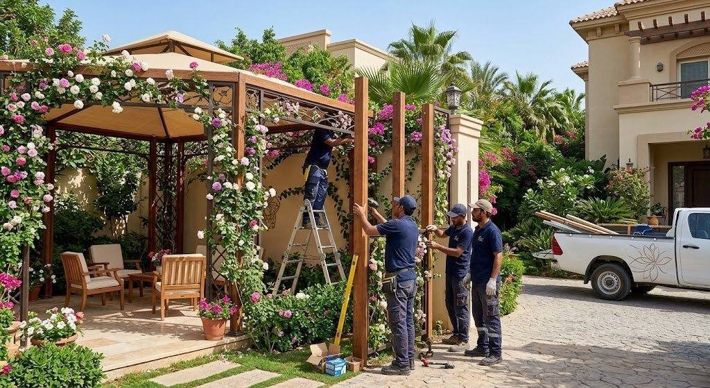 فريق عمل محترف من شركة تركيب سواتر ومظلات حي الزهور يقوم بتركيب وتفصيل مظلات وسواتر بجودة عالية لتوفير الحماية والتظليل المثالي للمنازل والسيارات.