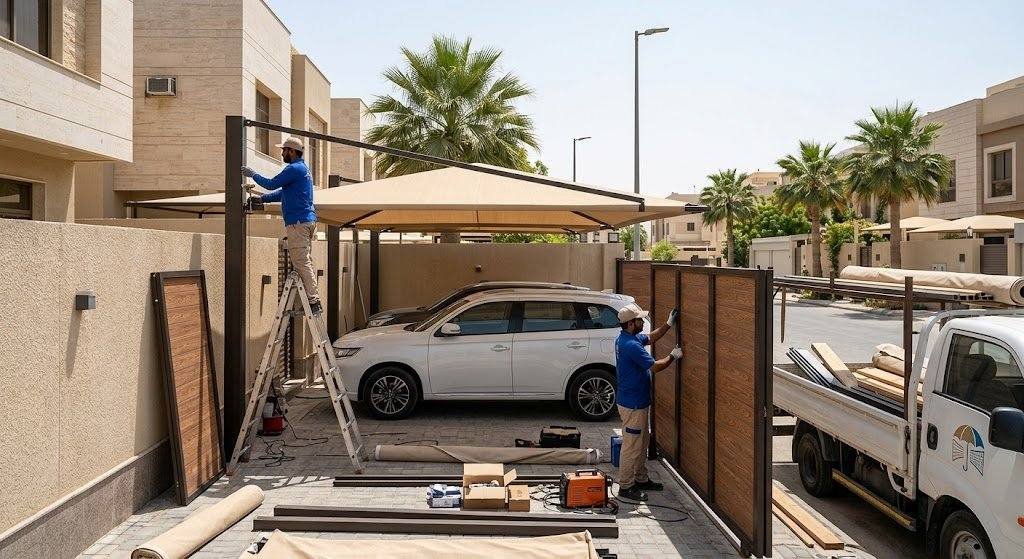 فريق عمل محترف يقوم بتركيب مظلات وسواتر بجودة عالية ومتانة ضمن خدمات مظلات وسواتر في الدمام لحماية المنازل والسيارات وتوفير الخصوصية.