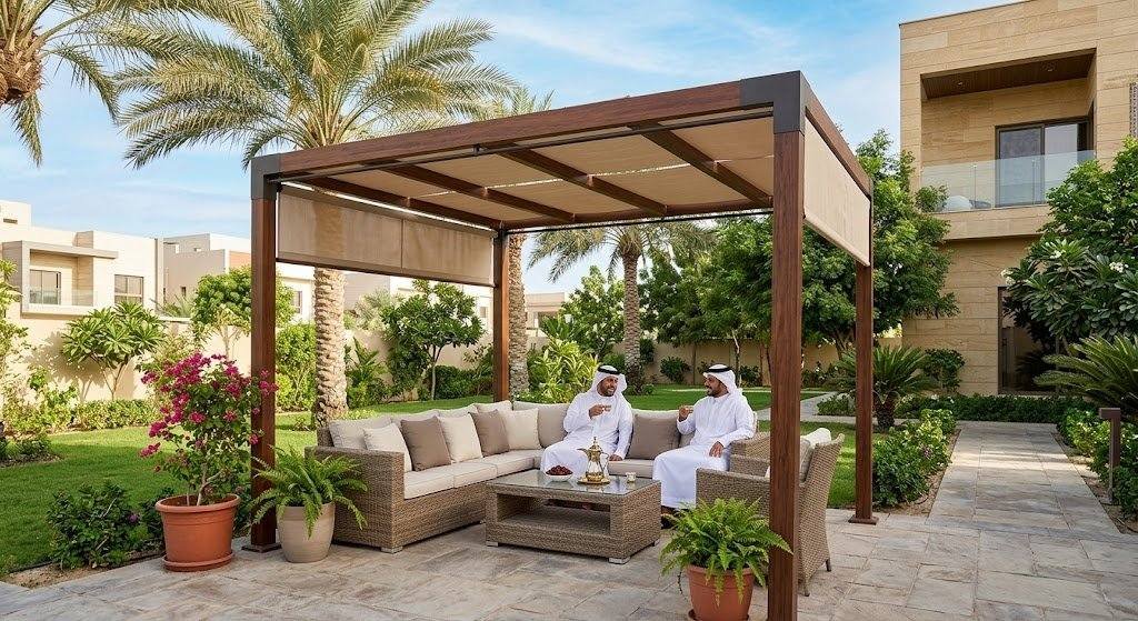 فريق عمل محترف يقوم بتركيب وتجهيز مظلات حدائق وجلسات خارجية بجودة عالية ضمن خدمات مظلات الدمام لتوفير مساحات جلوس مريحة وأنيقة.