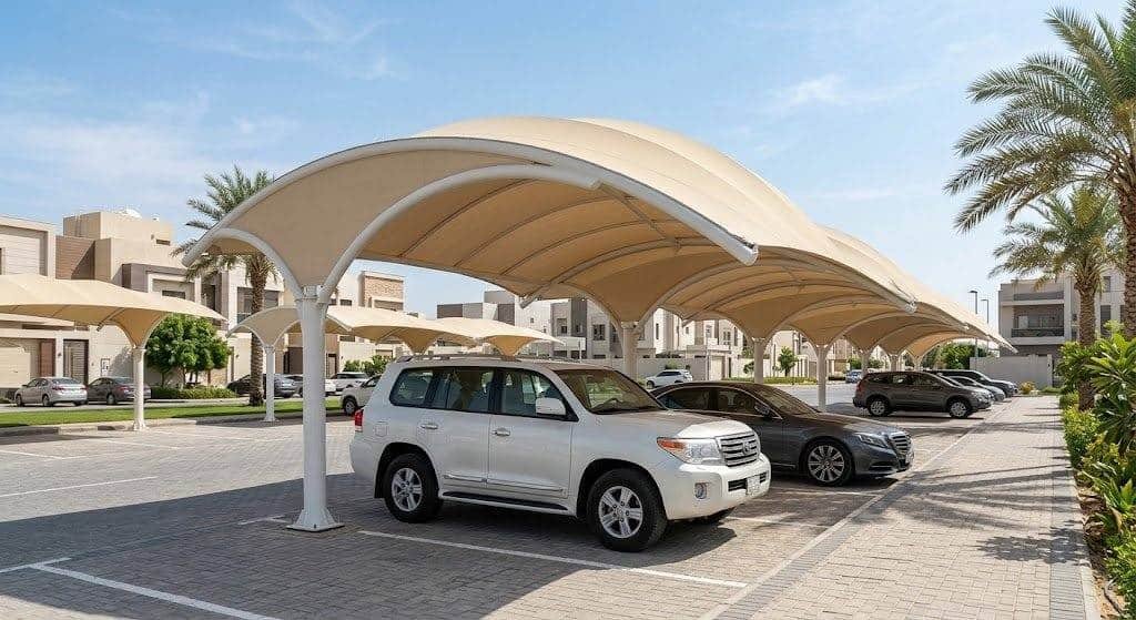 فريق عمل محترف يقوم بتركيب مظلة سيارات بجودة عالية ومتانة ضمن خدمات مظلات سيارات الصدفة بالدمام لحماية السيارات من أشعة الشمس والعوامل الجوية.