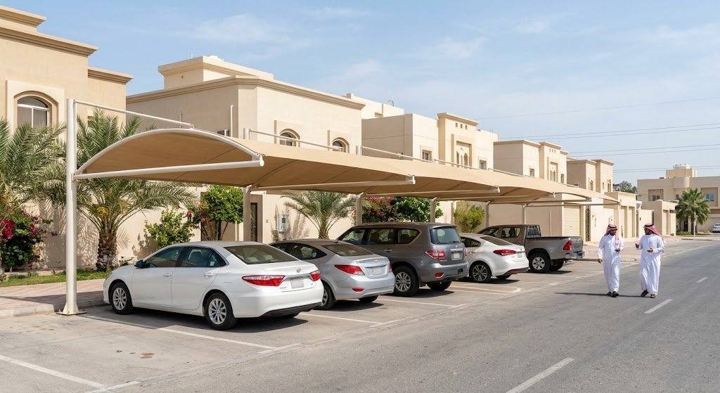 فريق عمل محترف يقوم بتركيب مظلات وسواتر بجودة عالية ومتانة ضمن خدمات مظلات وسواتر الشرقية في الخبر والدمام لحماية المنازل والسيارات وتوفير الخصوصية.
