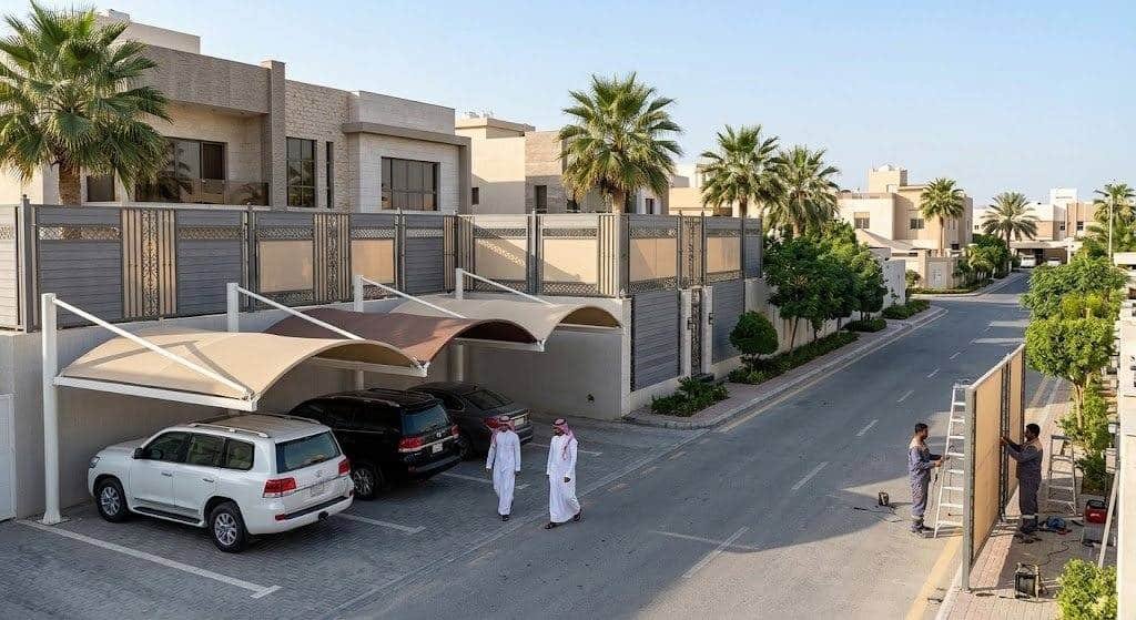 فريق عمل محترف يقوم بتركيب مظلات وسواتر بجودة عالية ومتانة ضمن خدمات مظلات وسواتر حي الروضة بالدمام لحماية المنازل والسيارات وتوفير الخصوصية.