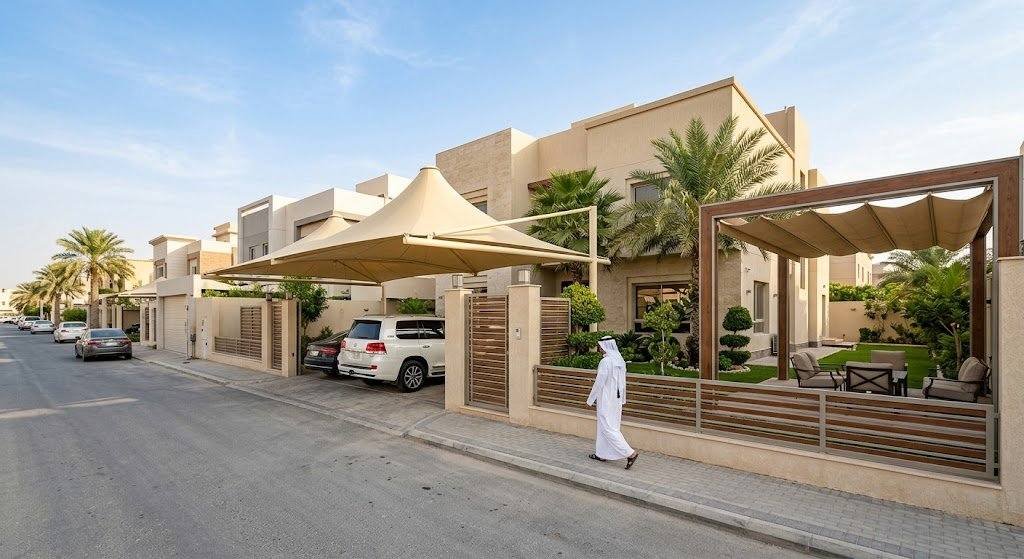 فريق عمل محترف يقوم بتركيب مظلات وسواتر بجودة عالية ومتانة ضمن خدمات مظلات وسواتر العروبة بالدمام لحماية المنازل والسيارات وتوفير الخصوصية.