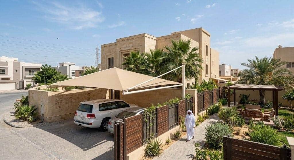 فريق عمل محترف يقوم بتركيب مظلات وسواتر بجودة عالية ومتانة ضمن خدمات مظلات وسواتر حي الطبيشي بالدمام لحماية المنازل والسيارات وتوفير الخصوصية.