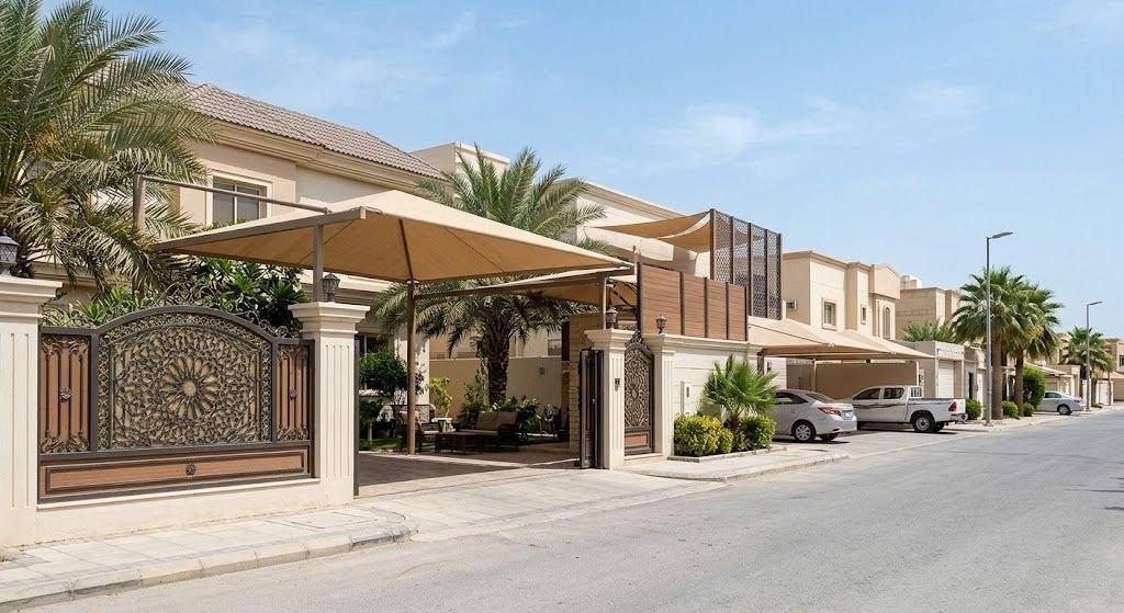فريق عمل محترف يقوم بتركيب مظلات وسواتر بجودة عالية ومتانة ضمن خدمات مظلات وسواتر حي العنود بالدمام لحماية المنازل والسيارات وتوفير الخصوصية.