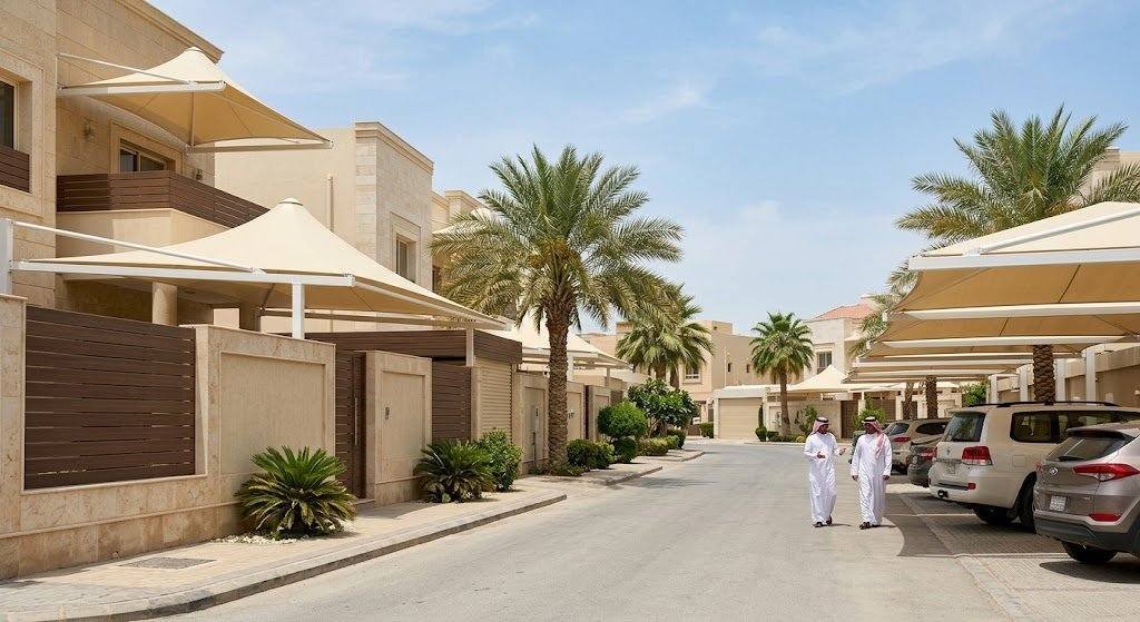 فريق عمل محترف يقوم بتركيب مظلات وسواتر بجودة عالية ومتانة ضمن خدمات مظلات وسواتر حي الفيصلية بالدمام لحماية المنازل والسيارات وتوفير الخصوصية.