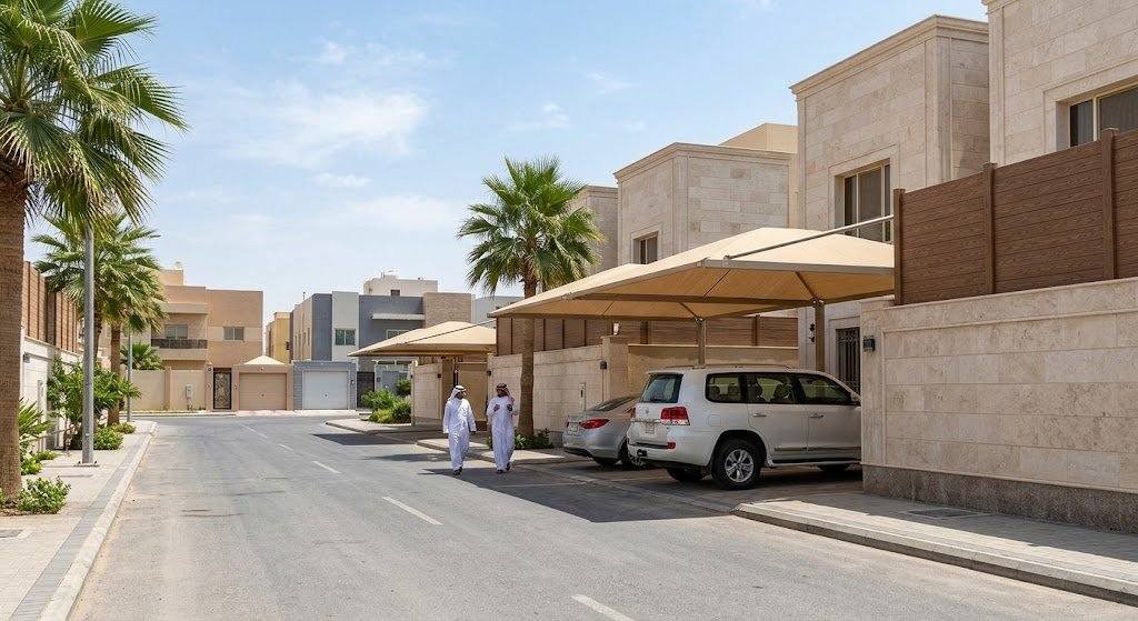 فريق عمل محترف يقوم بتركيب مظلات وسواتر بجودة عالية ومتانة ضمن خدمات مظلات وسواتر حي المنار بالدمام لحماية المنازل والسيارات وتوفير الخصوصية.