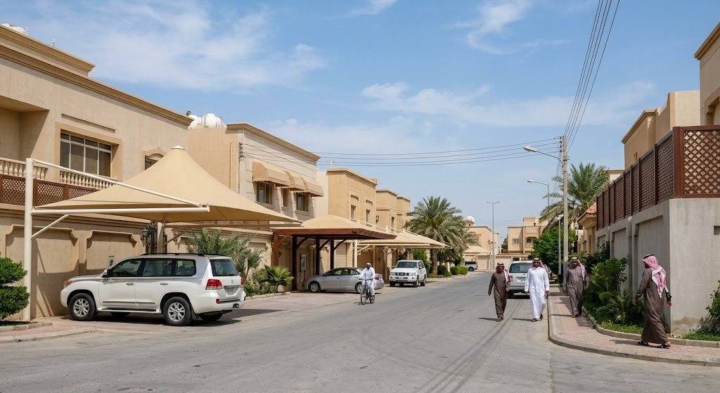 فريق عمل محترف يقوم بتركيب مظلات وسواتر بجودة عالية ومتانة ضمن خدمات مظلات وسواتر حي الناصرية بالدمام لحماية المنازل والسيارات وتوفير الخصوصية.