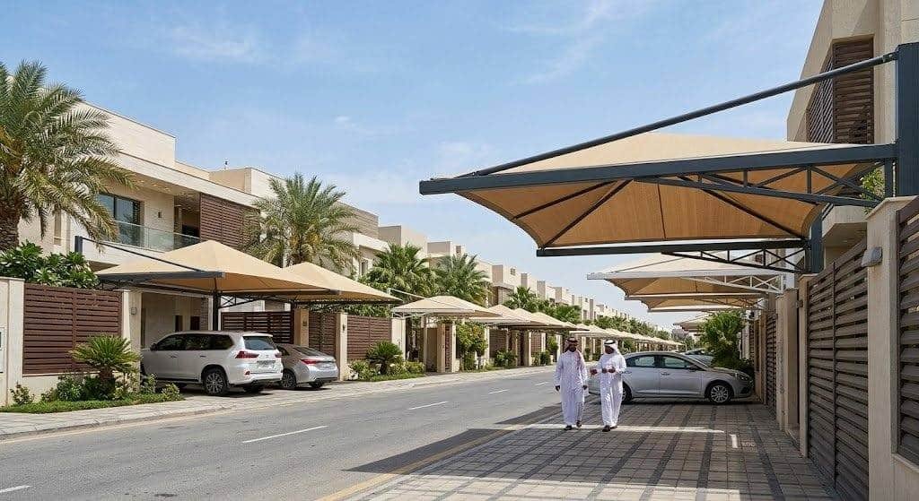 فريق عمل محترف يقوم بتركيب مظلات وسواتر بجودة عالية ومتانة ضمن خدمات مظلات وسواتر حي الندى بالدمام لحماية المنازل والسيارات وتوفير الخصوصية.