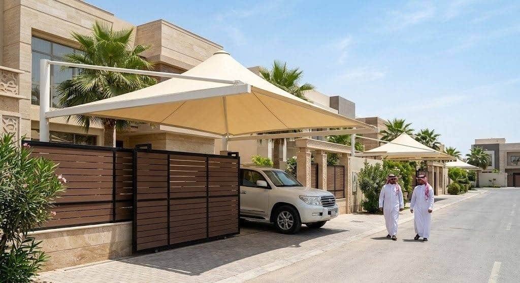 فريق عمل محترف يقوم بتركيب مظلات وسواتر بجودة عالية ومتانة ضمن خدمات مظلات وسواتر حي النزهة بالدمام لحماية المنازل والسيارات وتوفير الخصوصية.