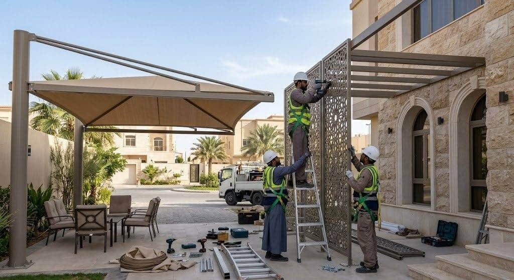 فريق عمل محترف يقوم بتركيب مظلات وسواتر بجودة عالية ومتانة ضمن خدمات تركيب سواتر ومظلات بالدمام لحماية المنازل والسيارات.