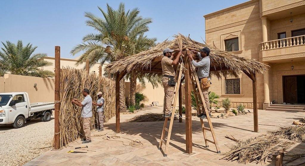 فريق عمل محترف يقوم بتركيب مظلات وسواتر بجودة عالية ومتانة ضمن خدمات تركيب سواتر ومظلات حي النخيل بالدمام لحماية المنازل والسيارات.