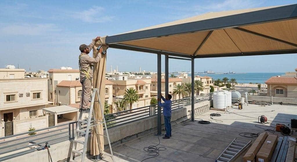 فريق عمل محترف يقوم بتركيب مظلات أسطح بجودة عالية ومتانة ضمن خدمات تركيب مظلات أسطح بالدمام لتوفير مساحات جلوس مظللة وجذابة.