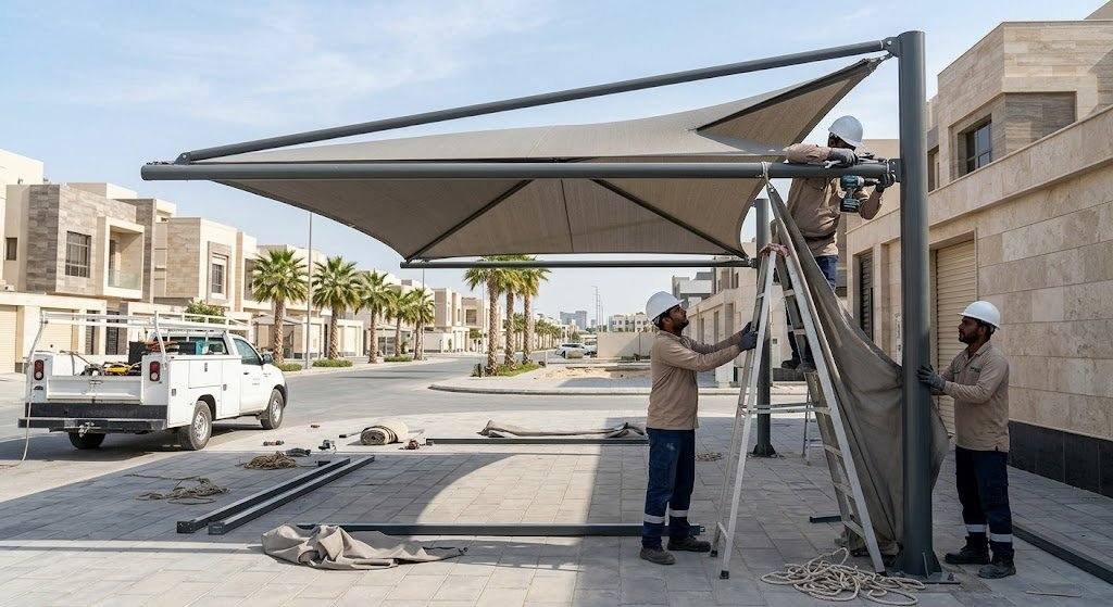 فريق عمل محترف يقوم بتركيب مظلات بجودة عالية ومتانة ضمن خدمات تركيب مظلات بالدمام لحماية المنازل والسيارات.
