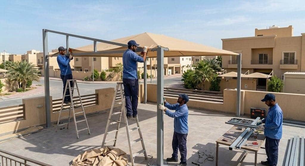 فريق عمل محترف يقوم بتركيب مظلات وسواتر بجودة عالية ومتانة ضمن خدمات مظلات وسواتر بالدمام لحماية المنازل والسيارات وتوفير الخصوصية.